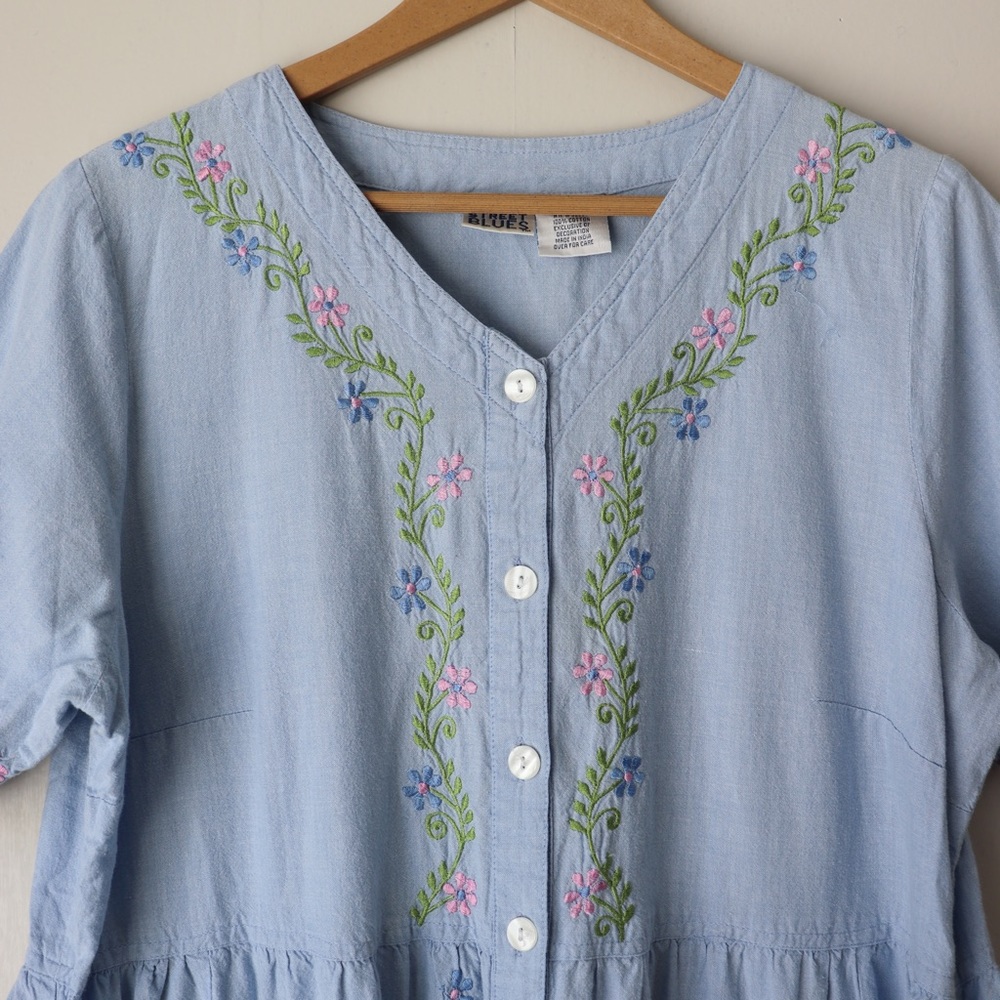 Vintage 90's Y2K Embroidered Cotton Chambray Denim Cottagecore Button Maxi Dress - Picture 2 of 9